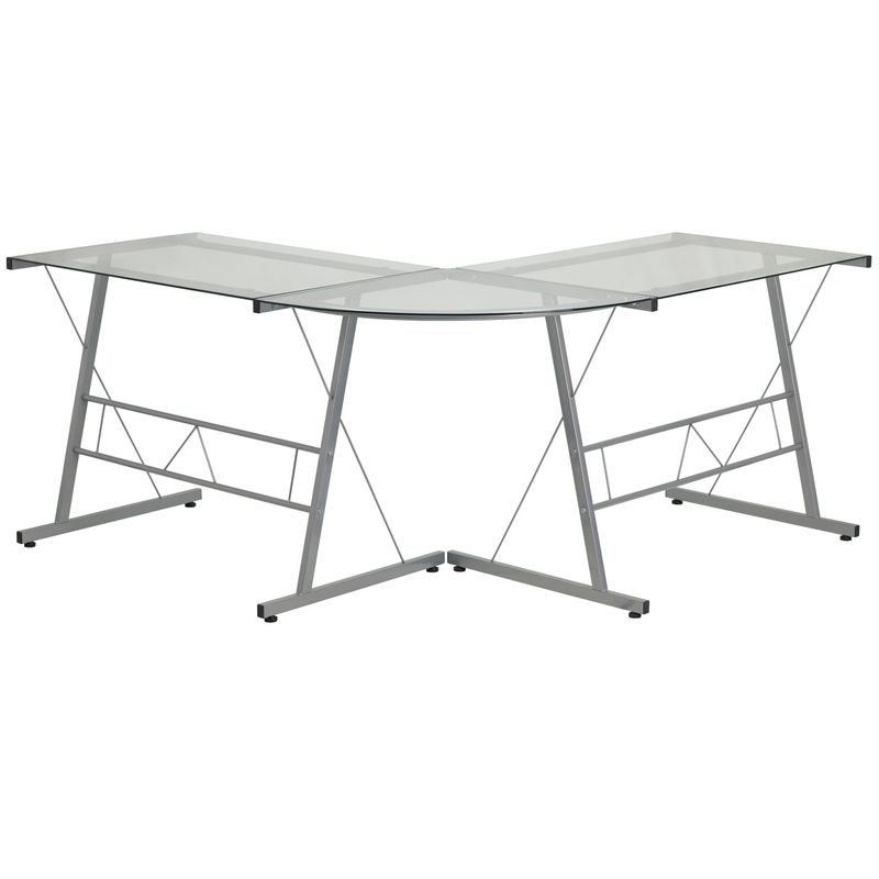 Glass L-Shape Corner Computer Desk with Silver Metal Frame - Clear/Silver