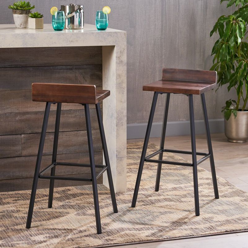 Bidwell Contemporary Indoor Acacia Wood Bar Stools (Set of 2) by Christopher Knight Home - dark brown finish + black metal
