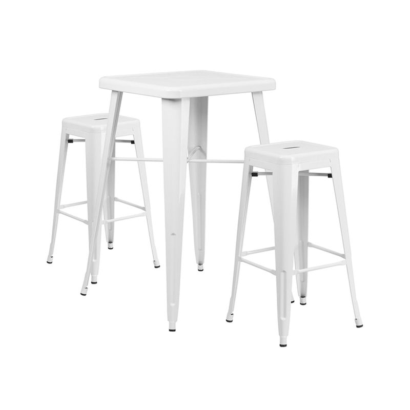 Offex Metal Indoor-Outdoor Restaurant Bar Table Set With 2 Backless Square Barstools - Silver
