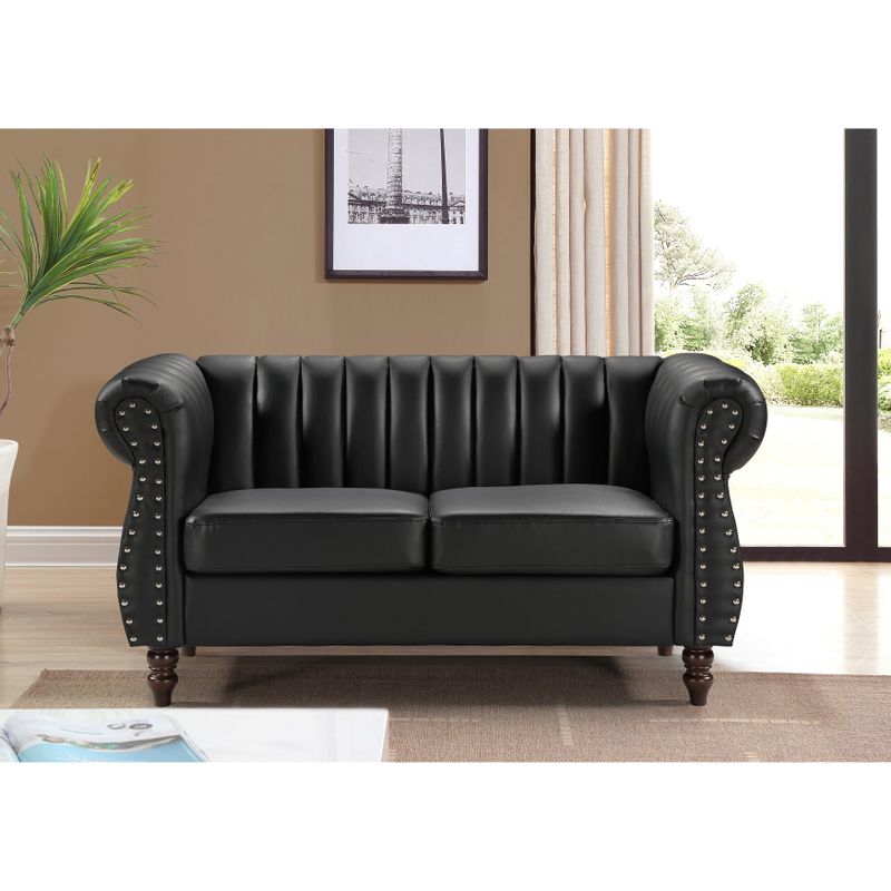 Capri Faux Leather Chesterfield Rolled Arm 2-Piece Living Room Set - Black