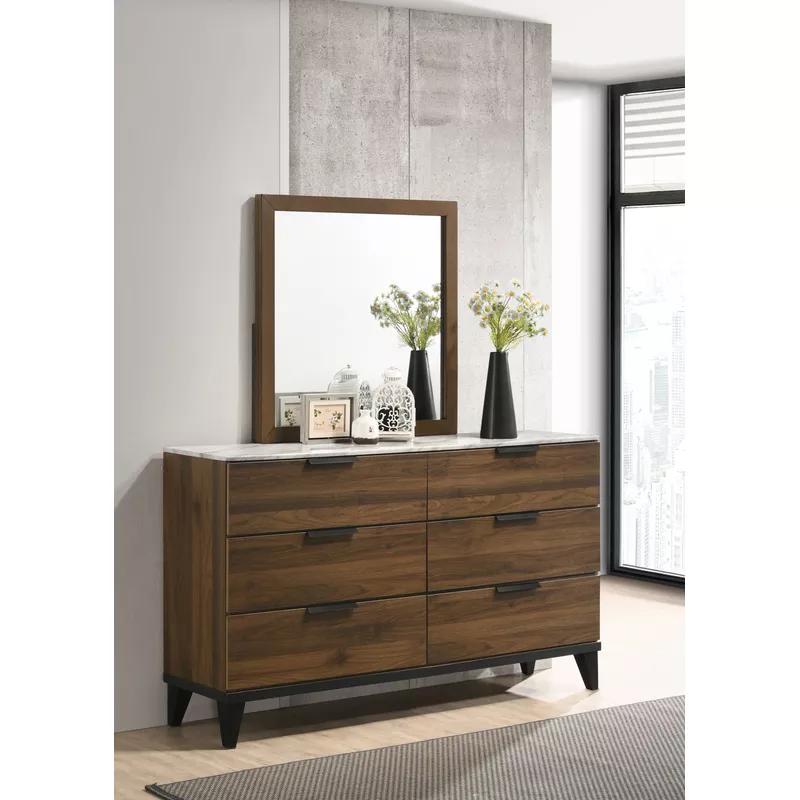 Mays 6-drawer Dresser Walnut Brown with Faux Marble Top