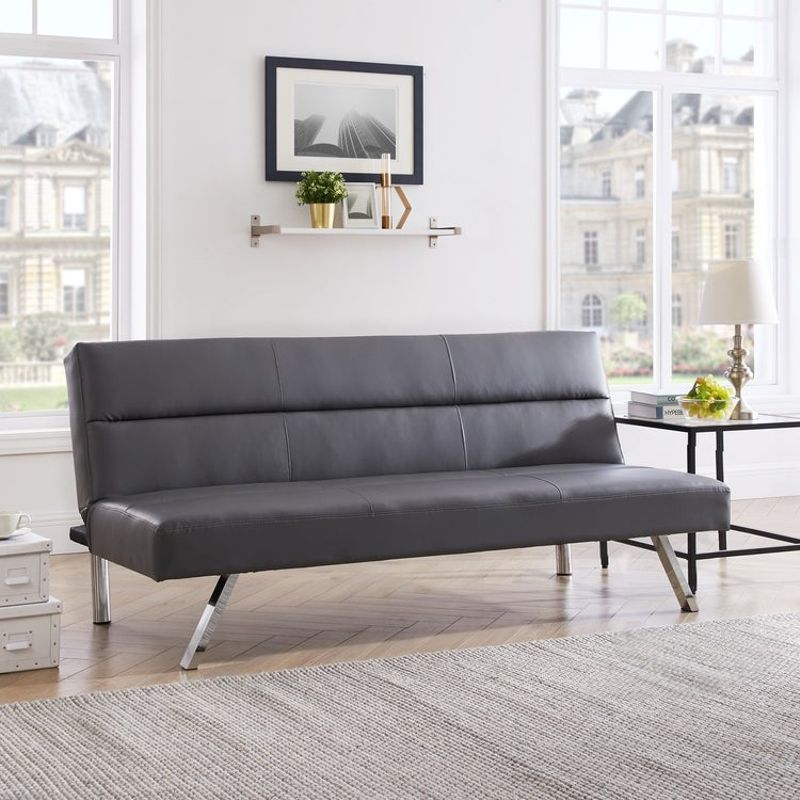 Zoe Futon Sofa Bed Faux Leather Futon Couch Modern Convertible Folding Sofa Bed Couch with Chrome Legs, Reclining Mini Couch - Gray