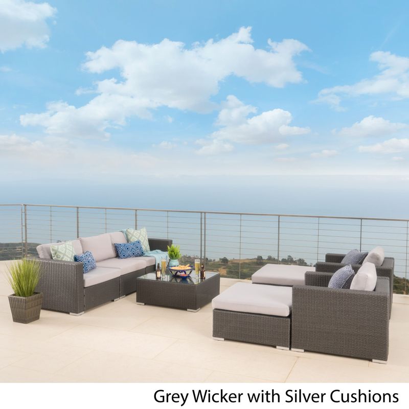 Santa Rosa Outdoor 8-piece Wicker Sectional Sofa Set with Cushions by Christopher Knight Home - Grey + Silver