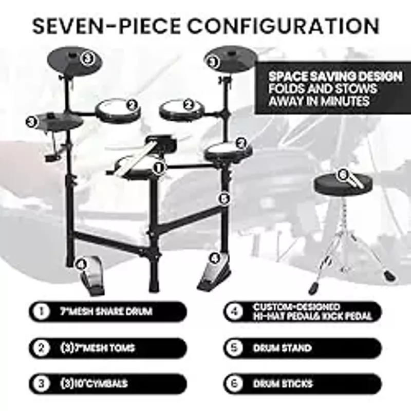Electric Drum Set, Electronic Drum Set for Beginner with 150 Sounds, Drum Set for kids with 4 Quiet Electric Drum Pads, 2 Switch Pedal, Drum Throne, Drumsticks, On-Ear Headphones