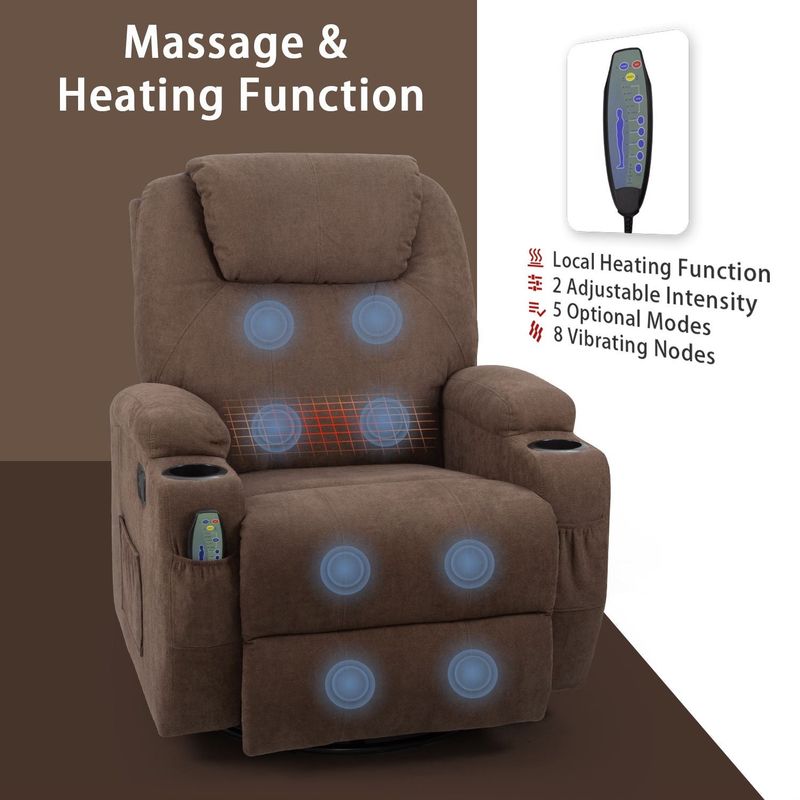 Homall Massage Recliner Chair Swivel Heating Fabric Living Room Sofa - Brown