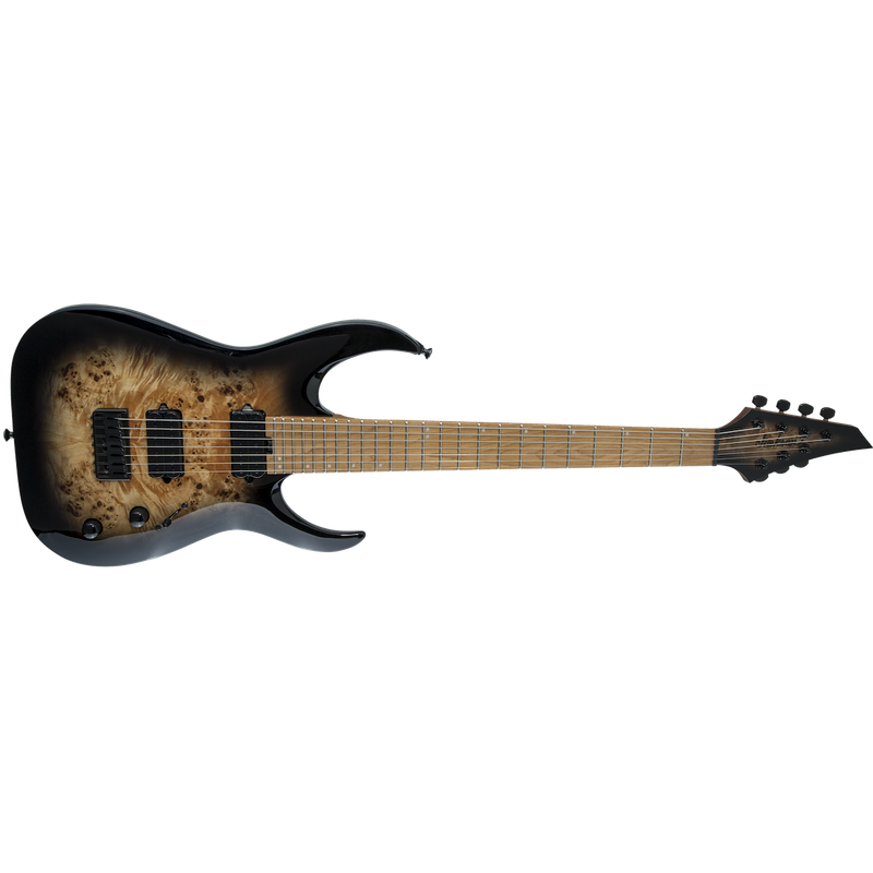 Jackson Pro Series Signature Misha Mansoor Juggernaut HT7P Electric Guitar. Caramelized Maple FB, Black Burst Burl