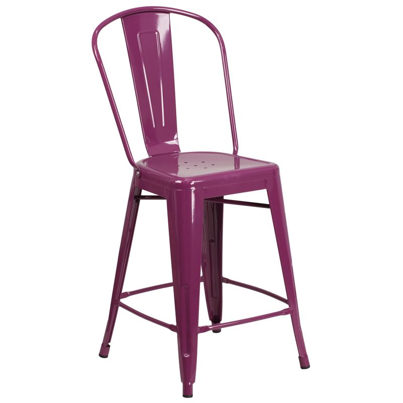 24-inch High Metal Indoor-Outdoor Counter Height Stool with Back - Purple
