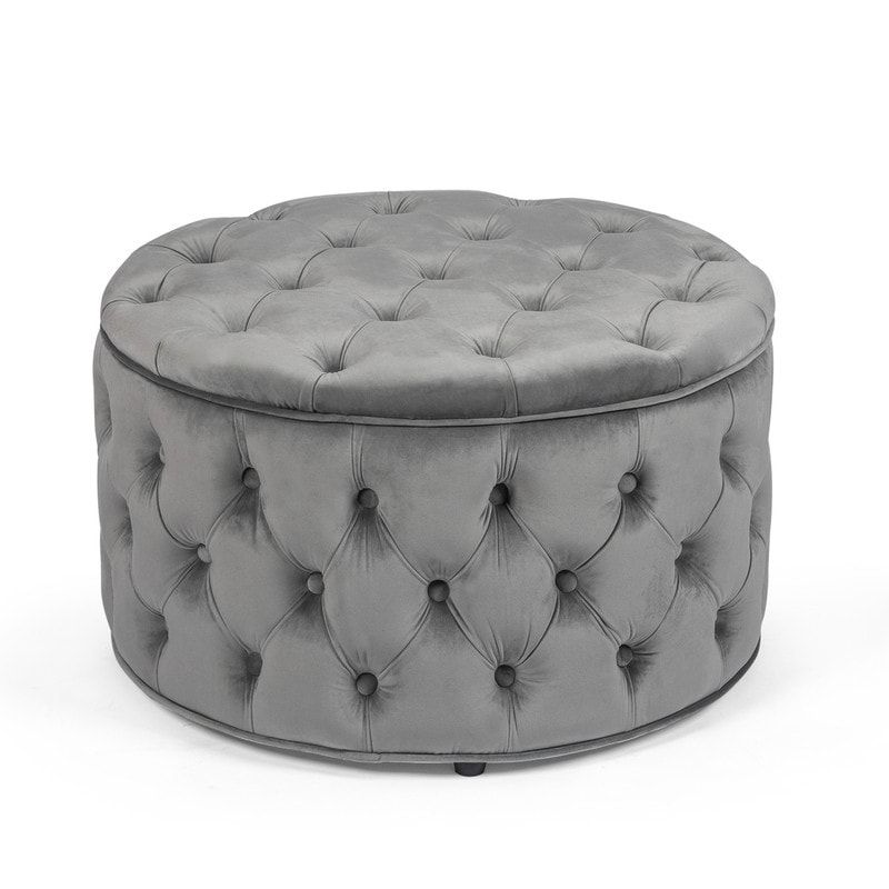 Adeco Velvet Round Storage Ottoman Button Tufted Footrest Stool Bench - Green