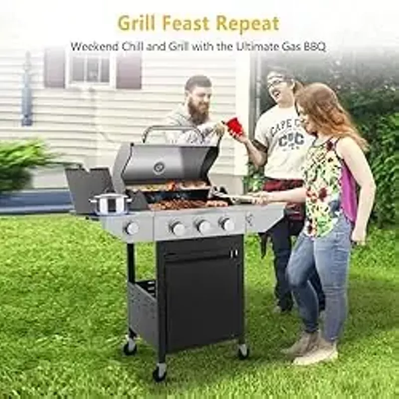 Lyromix Large BBQ Grill Propane with 3-Burners and Side Burner, Outdoor Gas Grill with Porcelain-Enameled Cast Iron Grates, Stainless Steel Camping Barbecue Griddle for Patio, Party, 37000 BTU