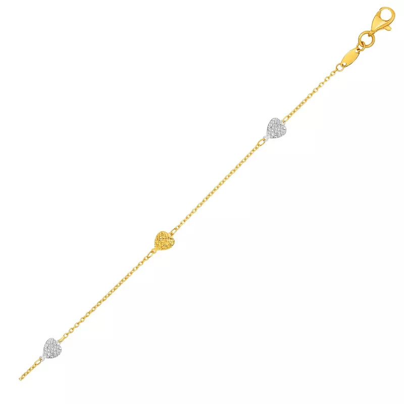 14k Two Toned Yellow and White Gold Anklet with Textured Hearts (10 Inch)