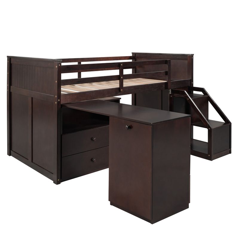 Nestfair Twin Size Loft Bed With Storage Steps and Portable Desk - Espresso