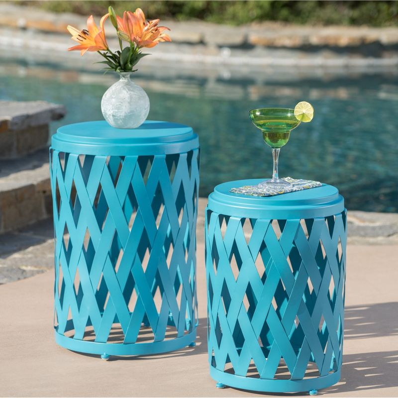 Selen Outdoor 12-inch and 14-inch Lattice Nested Side Table Set by Christopher Knight Home - Matte Teal