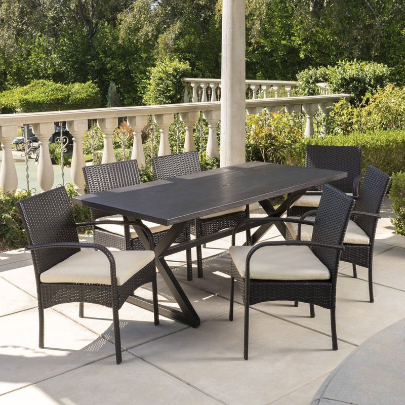 Ashworth Outdoor 7-piece Rectangular Wicker Aluminum Dining Set with Cushions by Christopher Knight Home - Brown