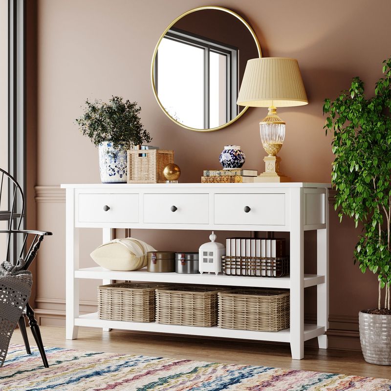 Nestfair Solid Wood Console Table with Three Top Drawers and Two Open Shelves - Beige