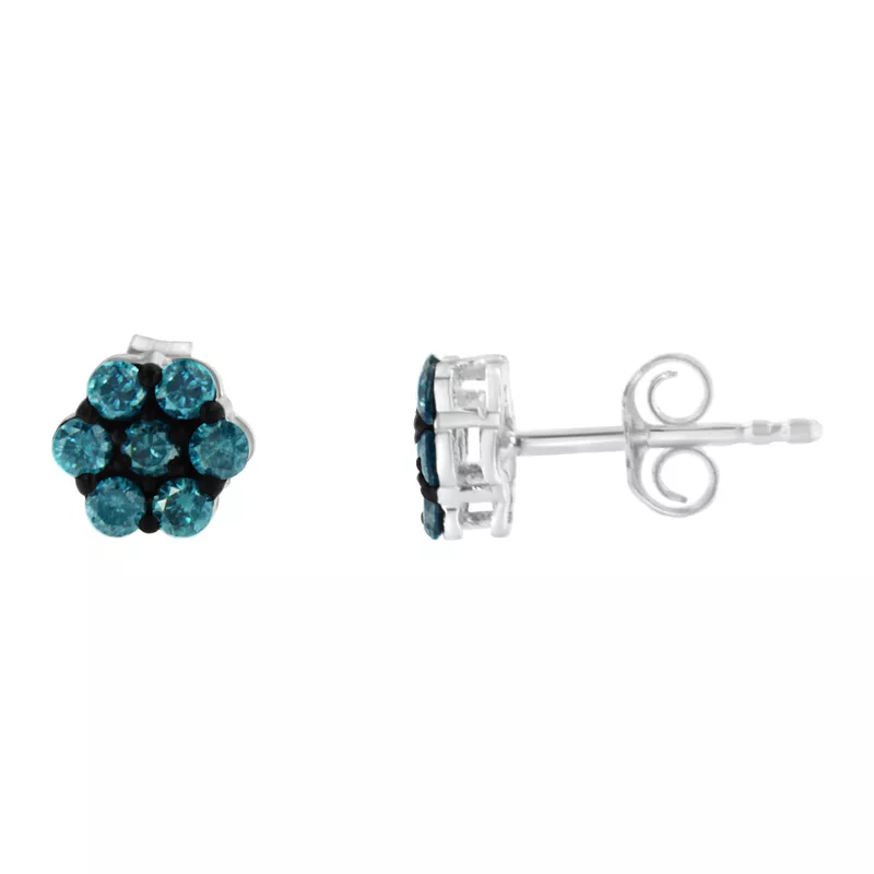 Sterling Silver 1/2ct TDW Treated Blue Diamond Floral Stud Earrings (Blue,I2-I3)