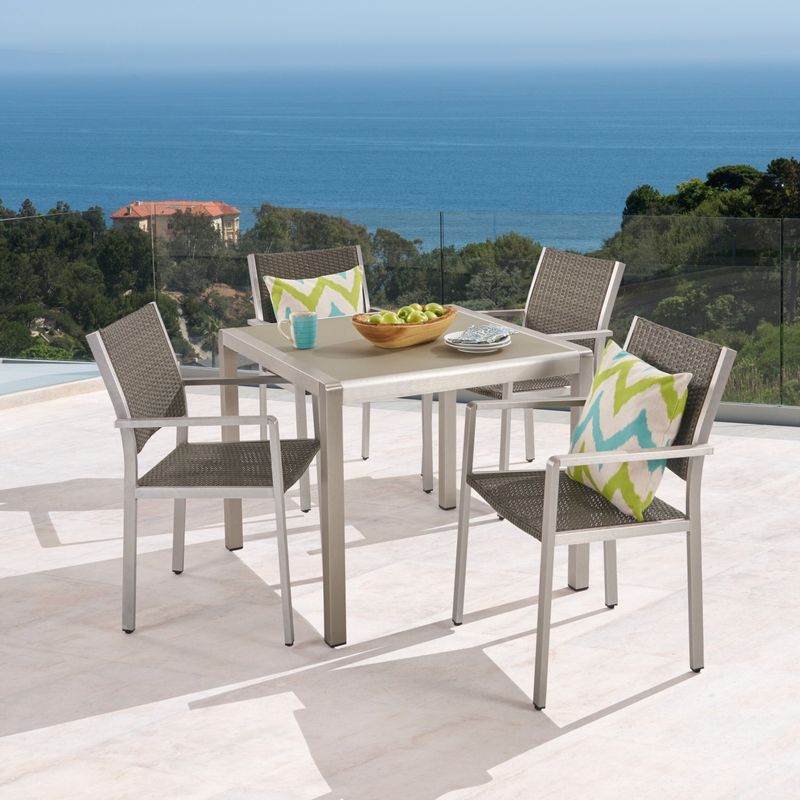 Cape Coral Outdoor 4-Seater Aluminum and Tempered Glass Dining Set by Christopher Knight Home - silver + gray