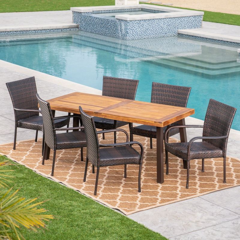 Sutton Outdoor 7 Piece Acacia Wood/ Wicker Dining Set by Christopher Knight Home - Rattan/Iron/Acacia - Assembly Required
