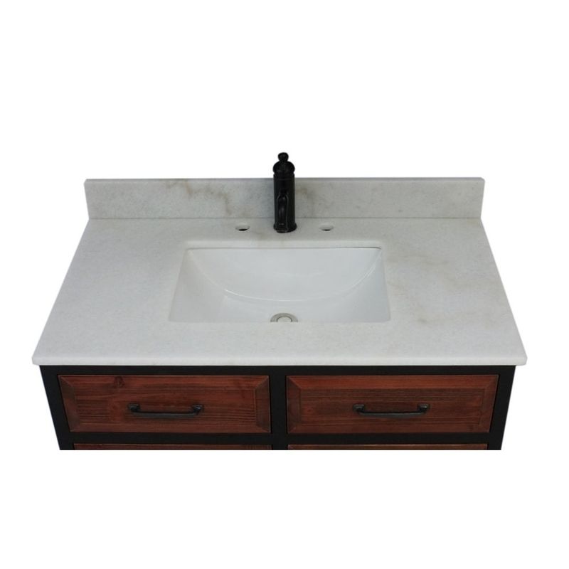 36"Rustic Solid Fir Single Sink Iron Frame Vanity in Brown-Driftwood Finish with Marble Top-No Faucet - Oval - Carrara White Marble Top