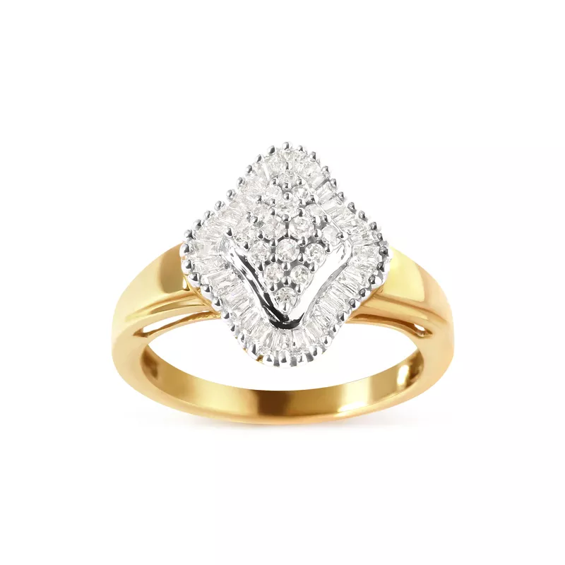 10K Yellow Gold 1/2 Cttw Round And Baguette-cut Diamond Rhombus Head and Halo Ring (I-J Color, I1-I2 Clarity) - Ring Size 7