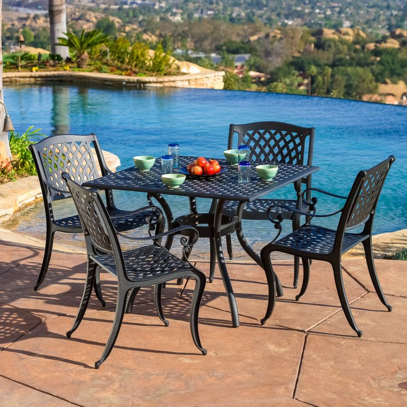 Outdoor Cayman 5-piece Cast Aluminum Black Sand Dining Set by Christopher Knight Home - Hallandale 5pc Black Sand Outdoor Dining Set
