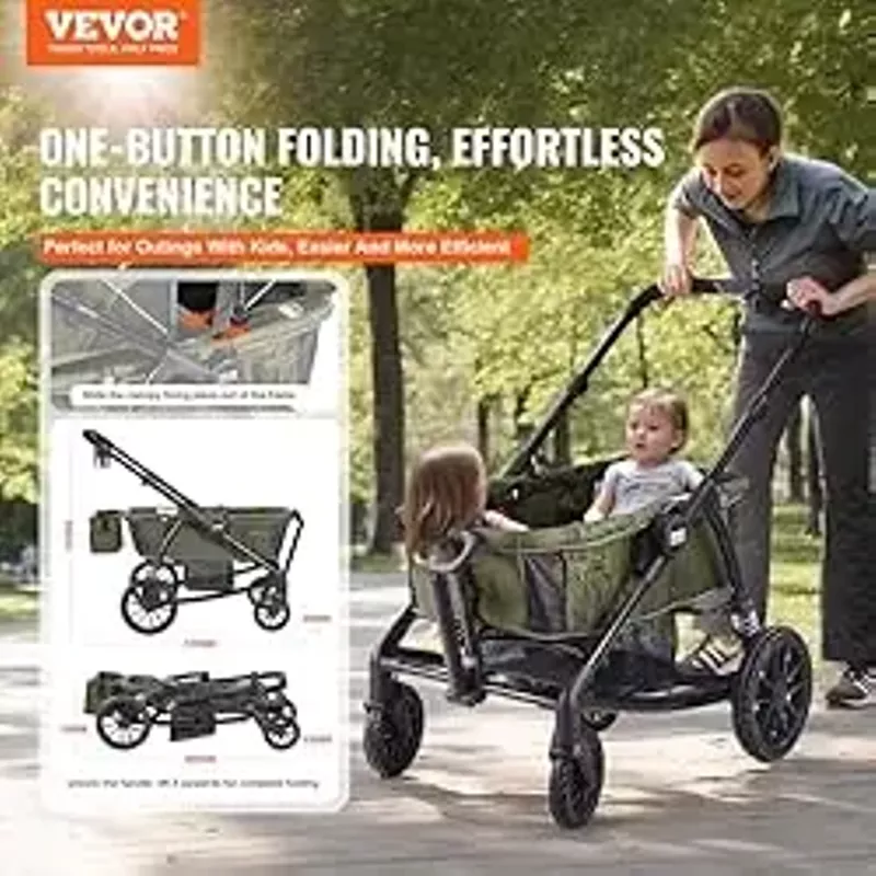 VEVOR All-Terrain Stroller Wagon, 2 Seats Foldable Expedition 2-in-1 Collapsible Wagon Stroller, includes Canopy, Parent Organizer, Snack Tray & Cup Holders, 55lbs for Single Seat, Olive Green