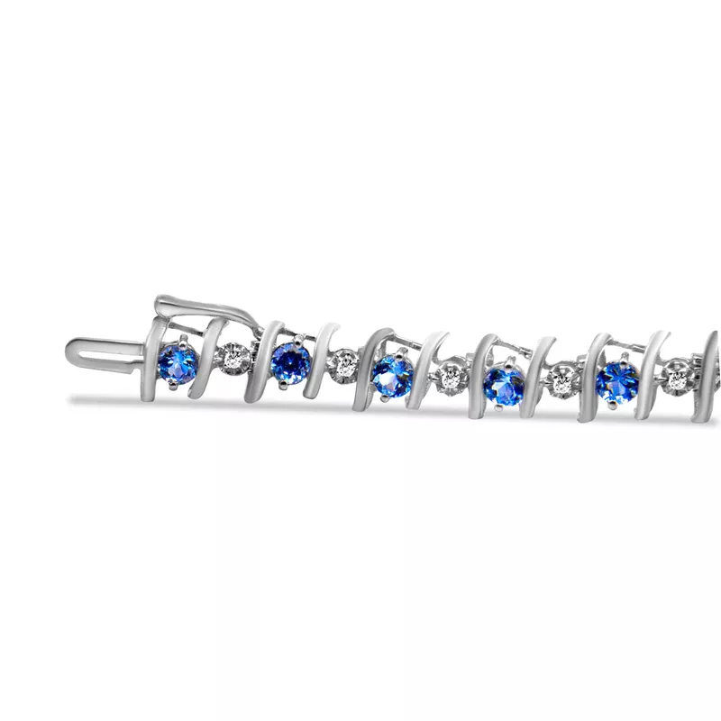 .925 Sterling Silver, Lab-Grown Gemstone and 1/6 Cttw Round Diamond Tennis Bracelet (H-I Color, I1-I2 Clarity) - Created Aquamarine, March Birthstone