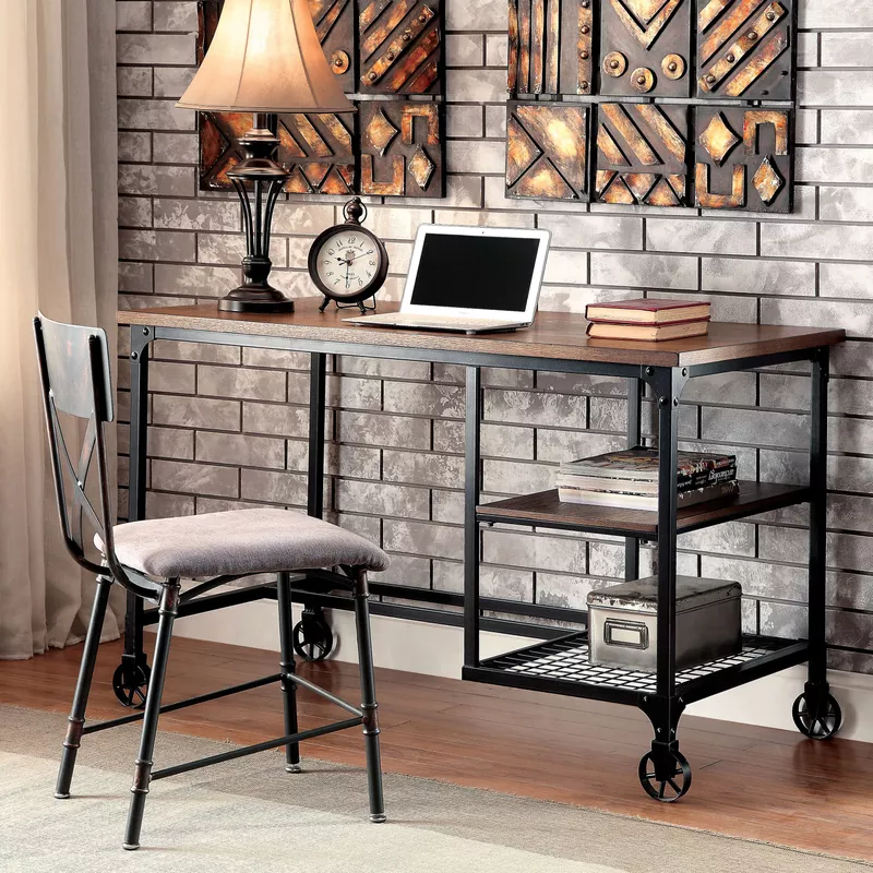 Industrial Metal Computer Desk with Casters in Antique Black