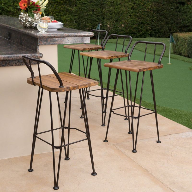 Denali Outdoor Industrial Wood Barstool (Set of 4) by Christopher Knight Home - Teak Finish + Rustic Metal