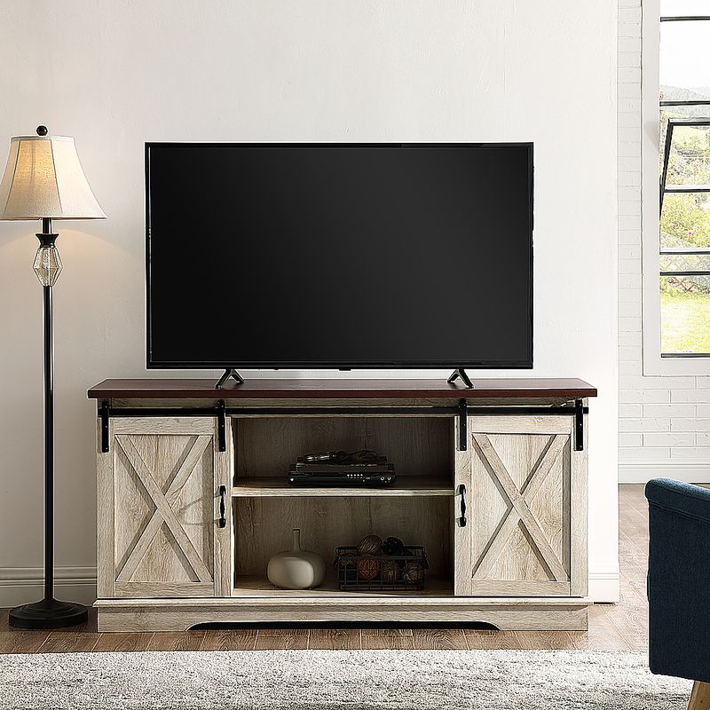 Alt View Zoom 13. Walker Edison - Industrial Farmhouse Sliding Door TV Stand for Most TVs up to 65" - Rustic White Brown