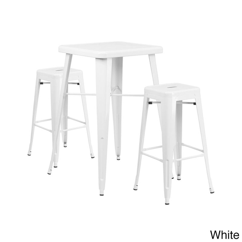 Offex Metal Indoor-Outdoor Restaurant Bar Table Set With 2 Backless Square Barstools - White