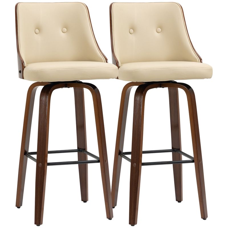 HOMCOM Counter Height Bar Stools Set of 2 PU Leather Swivel Barstools with Footrest and Tufted Back - Beige