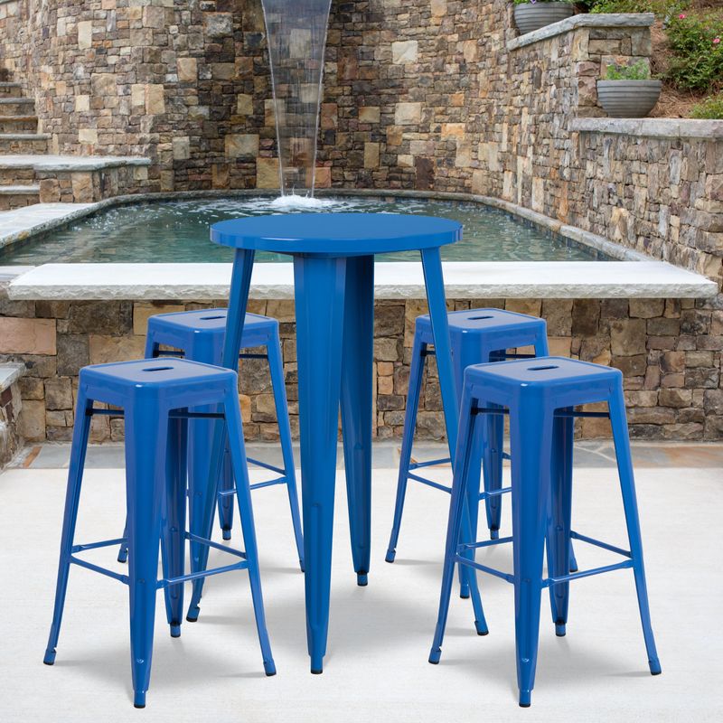 24'' Round Metal Indoor-Outdoor Bar Table Set with 4 Square Seat Backless Stools - Silver