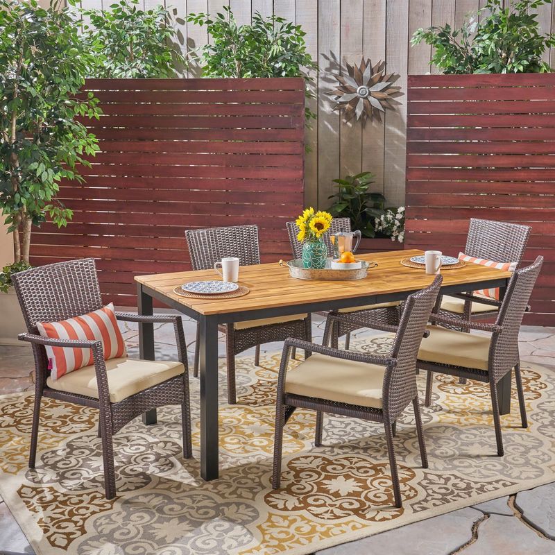 Marconi Outdoor 7 Piece Acacia Wood Dining Set with Wicker Chairs by Christopher Knight Home - teak + black + brown + cream cuhsion