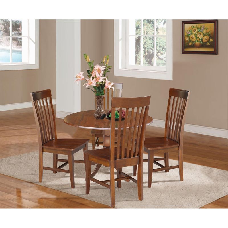 42 in. Drop Leaf Table with 4 Slat Back Dining Chairs - 5 Piece Set - 42 in. W x 42 in. D x 29.5 in. H - Espresso