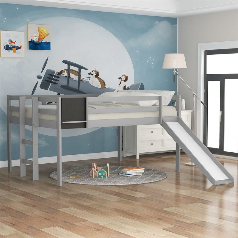 Merax Wood Loft Bed with Slide, Stair and Chalkboard - Grey - Twin