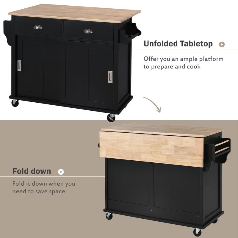 Nestfair Drop-Leaf Countertop Kitchen Cart Kitchen Island with Wheels and Storage Cabinet - Black