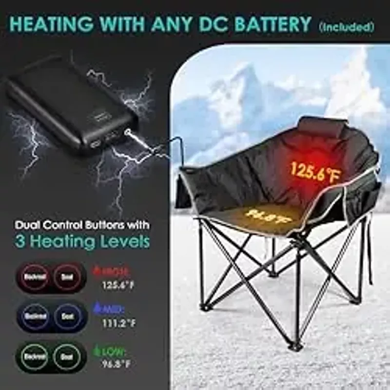 Suteck Heated Camping Chair with 12V 20,000mAh Power Bank, Oversized Heated Chairs Outdoor Sports W/3 Heat Levels for Back & Seat, Folding Heated Lawn Chairs for Patio Outdoors Travel, Black