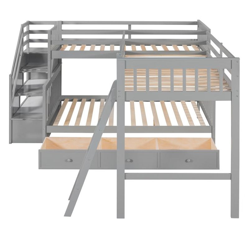 Merax Twin over Full L-Shaped Bunk Bed With 3 Drawers, Ladder and Staircase - Grey