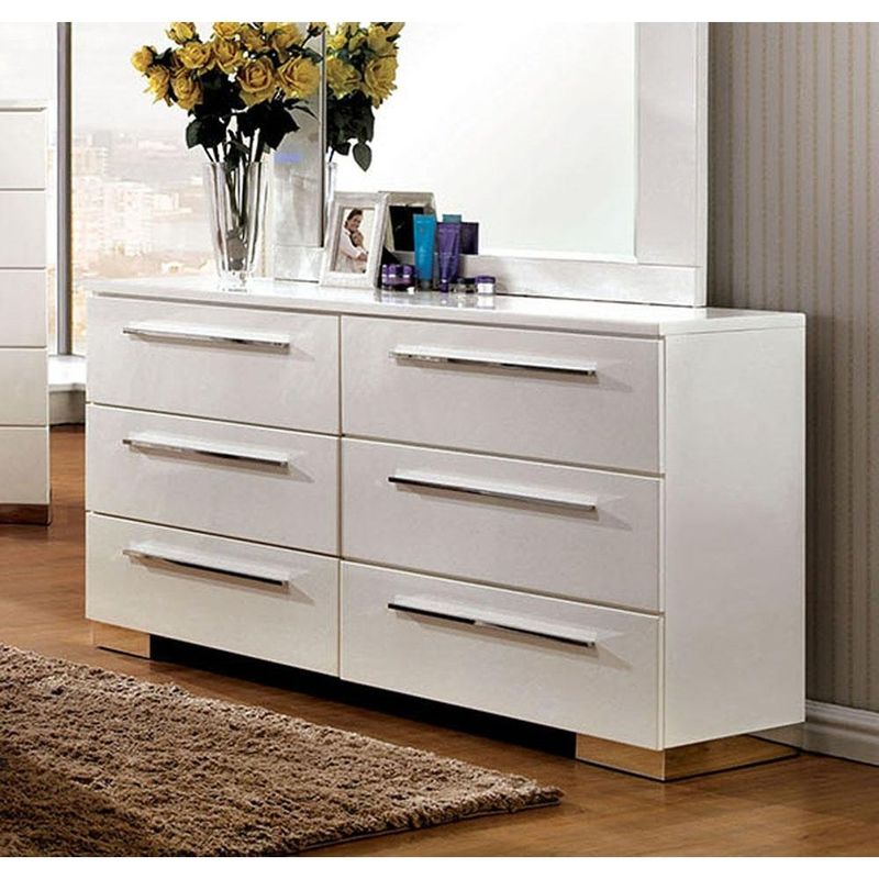 6 Drawers Wooden Dresser, Glossy White - Glossy White