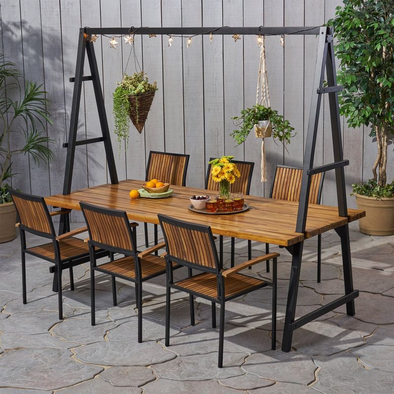 Andrea Outdoor 6 Seater Acacia Wood and Planter Dining Set by Christopher Knight Home - Teak Finish+Black