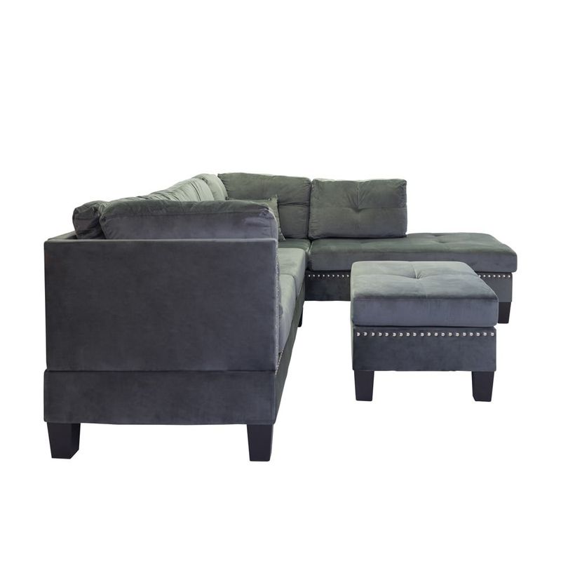 L-Shape Sectional Sofa w/Ottoman and nailhead trim accent - Dark Grey