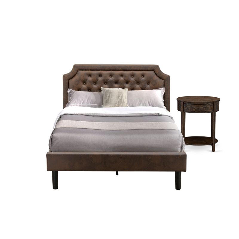 Bedroom Set -  Dark Brown Faux Leather Upholstered Bed with Black Legs  - Distressed Jacobean Night Stand (Bed Size Options) -...