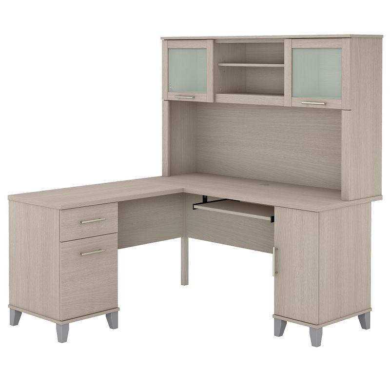 Somerset 60W L Shaped Desk with Hutch - Sand Oak