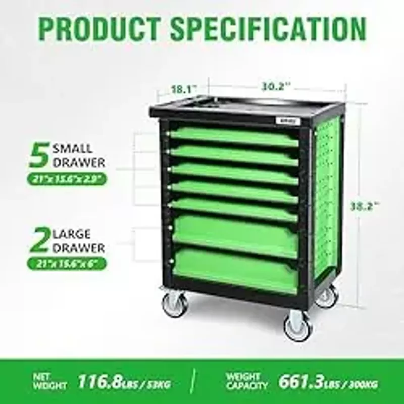 DNA MOTORING 7-Drawers Rolling Tool Chest Cabinet with Casters, Locking System, Top Tray, for Garage Warehouse Workshop, Green, TOOLS-00396