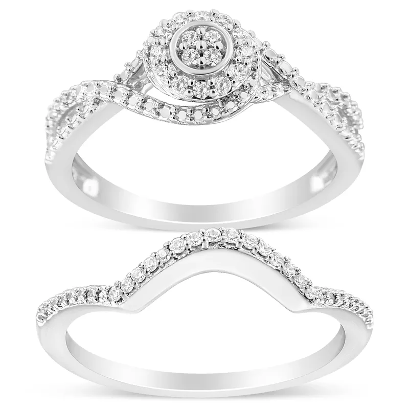 .925 Sterling Silver 1/6 Cttw Diamond Composite Halo and Split Shank Bridal Set Ring and Band (I-J Color, I3 Clarity) - Size 9