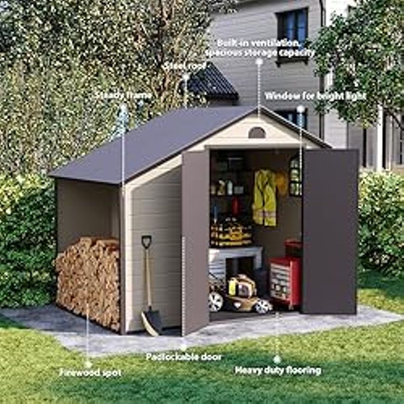 Outdoor Storage Shed 8.5x6.3 ft, Resin Storage Shed & Firewood Rack, Patio Storage Sheds Outdoor with Floor, Lockable Door, Airflow Vent,...