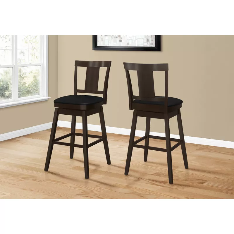 Bar Stool/ Set Of 2/ Swivel/ Bar Height/ Wood/ Pu Leather Look/ Brown/ Black/ Transitional