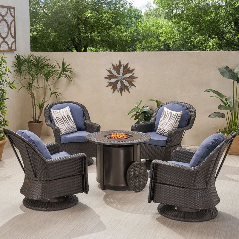 Liam Outdoor 4 Seater Wicker Swivel Chair and Fire Pit Set by Christopher Knight Home - Brown + Gray + Hammered Bronze