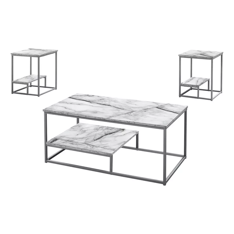 Table Set/ 3pcs Set/ Coffee/ End/ Side/ Accent/ Living Room/ Metal/ Laminate/ White Marble Look/ Grey/ Contemporary/ Modern