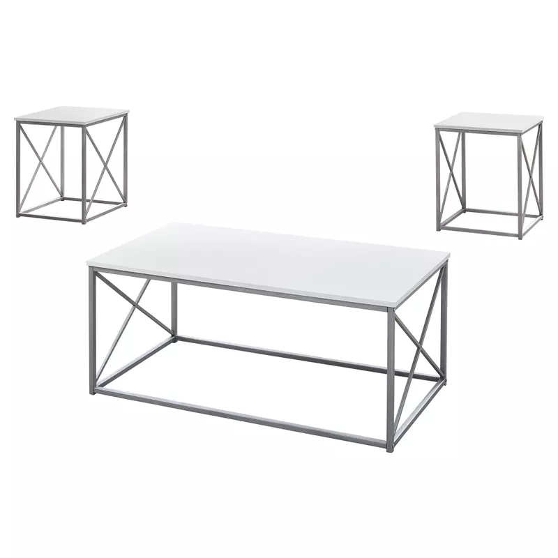 Table Set/ 3pcs Set/ Coffee/ End/ Side/ Accent/ Living Room/ Metal/ Laminate/ White/ Grey/ Contemporary/ Modern